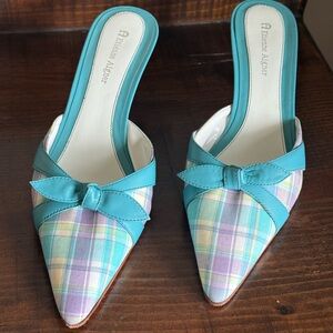 90s Y2K Etienne Aigner pastel Blue plaid Mules with Leather Bow Detail 8 M